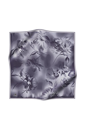 % 57 İPEK % 43 VİSKON Twill İpek Çiçek Desenli Gümüş Renkli 90x90 Dikim Şekli : El Dikişi Eşarp