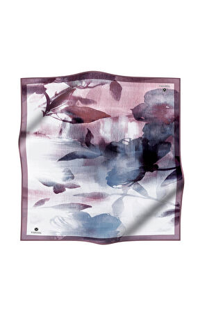 %100 Twill İpek Yaprak Desenli Pudra - Bebe Mavisi Renkli 90x90 Eşarp Dikim Şekli : El Dikişi
