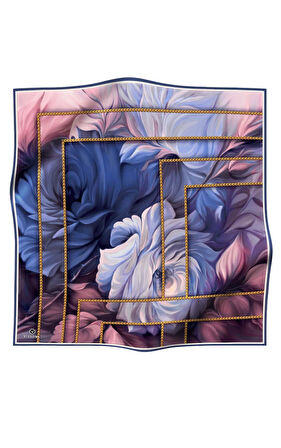 % 57 İPEK % 43 VİSKON Twill İpek Çiçek Geometrik Desenli indigo Renkli 90x90 Eşarp Dikim Şekli : El Dikişi