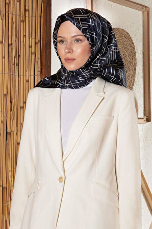 %100 Twill İpek Çizgi Desenli Lacivert - Krem Renkli 90x90 Eşarp Dikim Şekli : El Dikişi