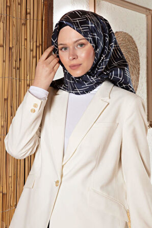 %100 Twill İpek Çizgi Desenli Lacivert - Krem Renkli 90x90 Eşarp Dikim Şekli : El Dikişi