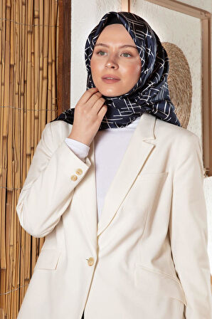 %100 Twill İpek Çizgi Desenli Lacivert - Krem Renkli 90x90 Eşarp Dikim Şekli : El Dikişi