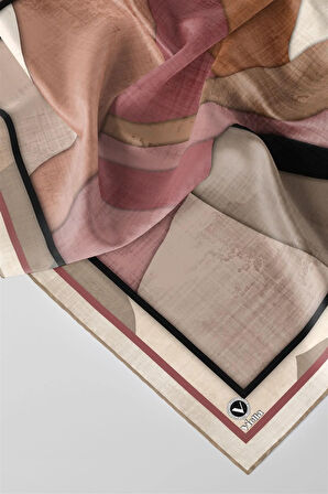 Twill Geometrik Desenli Bej Renkli 90x90 Eşarp (İpek İçermez) Kenar Dikiş Şekli El Dikişli