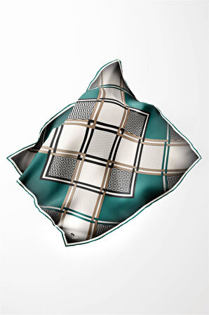 Twill Geometrik Desenli Petrol Yeşilii Renkli 90x90 Eşarp (İpek İçermez) Kenar Dikiş Şekli El Dikişli