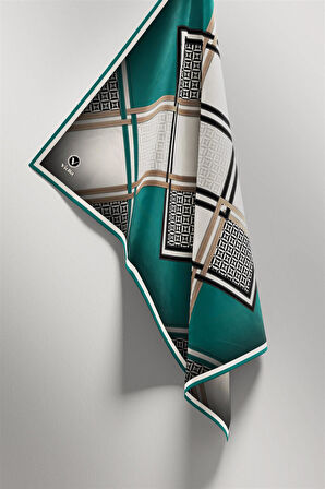 Twill Geometrik Desenli Petrol Yeşilii Renkli 90x90 Eşarp (İpek İçermez) Kenar Dikiş Şekli El Dikişli