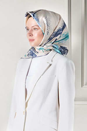 %100 Twill İpek Suluboya Çiçek Desenli Krem - İndigo Renkli 90x90 Eşarp Dikim Şekli : El Dikişi