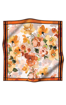 % 57 İPEK % 43 VİSKON Twill İpek Sulu Boyalı Çiçek Desenli Turuncu - Gold Renkli 90x90 Eşarp Dikim Şekli : El Dikişi