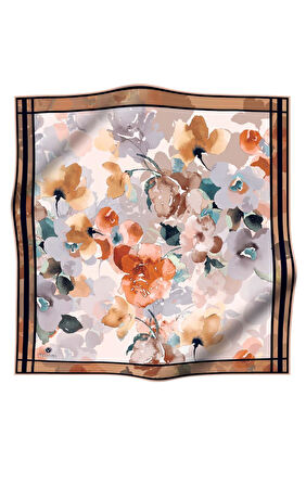 % 57 İPEK % 43 VİSKON Twill İpek Sulu Boyalı Çiçek Desenli Vizon - Turuncu Renkli 90x90 Eşarp Dikim Şekli : El Dikişi