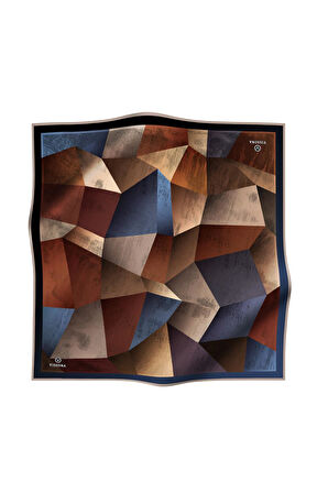 % 57 İPEK % 43 VİSKON Twill İpek Geometrik Desenli Kiremit - İndigo Renkli 90x90 Eşarp Dikim Şekli : El Dikişi