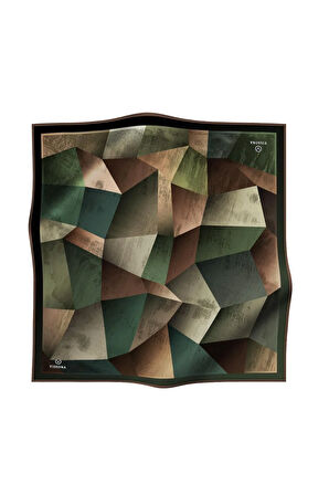 % 57 İPEK % 43 VİSKON Twill İpek Geometrik Desenli Haki - Sütlü Kahve Renkli 90x90 Eşarp Dikim Şekli : El Dikişi