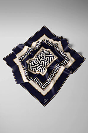 % 57 İPEK % 43 VİSKON Twill İpek Labirent Ve Geometrik Desenli Lacivert - Krem Renkli 90x90 Eşarp Dikim Şekli : El Dikişi