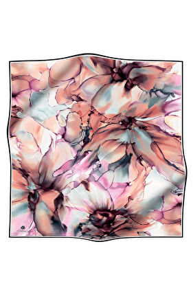 % 57 İPEK % 43 VİSKON Twill İpek Batik Çiçek Desenli Somon - Lila Renkli 90x90 Eşarp Kenar Dikiş Şekli El Dikişli