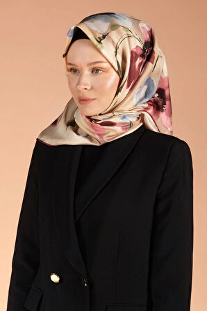 %100 Twill İpek Çiçek Desenli Bebe Mavisi - Gül Kurusu Renkli 90x90 Dikim Şekli : El Dikişi Eşarp