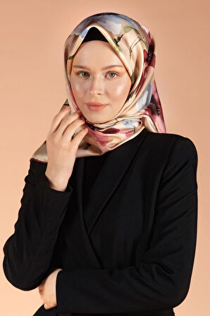 %100 Twill İpek Çiçek Desenli Bebe Mavisi - Gül Kurusu Renkli 90x90 Dikim Şekli : El Dikişi Eşarp