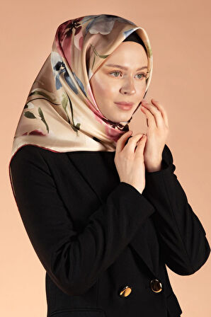 %100 Twill İpek Çiçek Desenli Bebe Mavisi - Gül Kurusu Renkli 90x90 Dikim Şekli : El Dikişi Eşarp