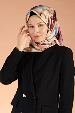 %100 Twill İpek Çiçek Desenli Bebe Mavisi - Gül Kurusu Renkli 90x90 Dikim Şekli : El Dikişi Eşarp