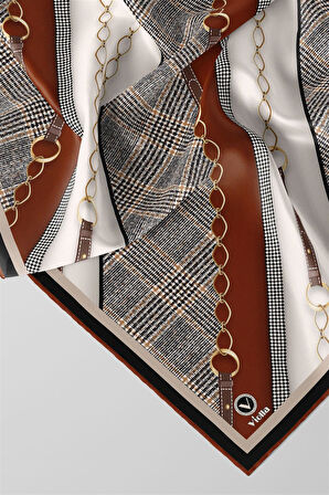 Twill Kemer Desenli Taba Renkli 90x90 Eşarp (İpek İçermez) Kenar Dikiş Şekli El Dikişli