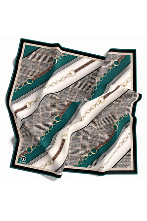 Twill Kemer Desenli Petrol Yeşili Renkli 90x90 Eşarp (İpek İçermez) Kenar Dikiş Şekli El Dikişli