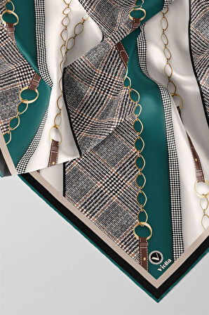 Twill Kemer Desenli Petrol Yeşili Renkli 90x90 Eşarp (İpek İçermez) Kenar Dikiş Şekli El Dikişli