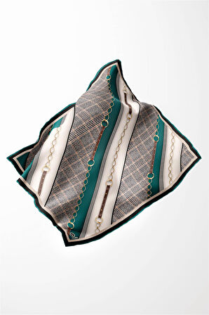 Twill Kemer Desenli Petrol Yeşili Renkli 90x90 Eşarp (İpek İçermez) Kenar Dikiş Şekli El Dikişli