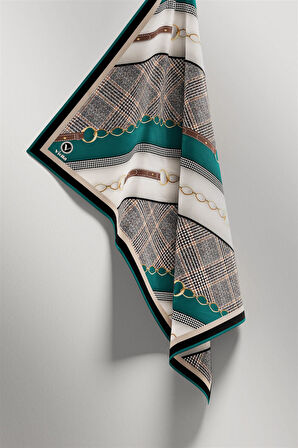 Twill Kemer Desenli Petrol Yeşili Renkli 90x90 Eşarp (İpek İçermez) Kenar Dikiş Şekli El Dikişli