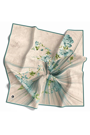 Twill Çiçekli Desenli Mint Yeşili Renkli 90x90 Eşarp (İpek İçermez) Kenar Dikiş Şekli El Dikişli