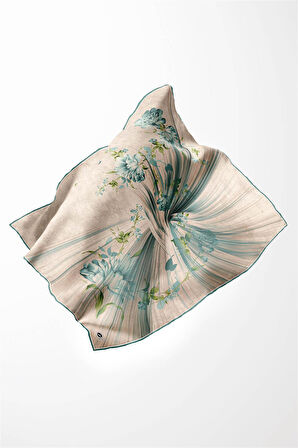 Twill Çiçekli Desenli Mint Yeşili Renkli 90x90 Eşarp (İpek İçermez) Kenar Dikiş Şekli El Dikişli