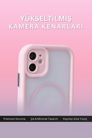 iPhone 12 Uyumlu Kamera Korumalı Magsafe Wireless Şarj Özellikli Mat Silikon Pembe renkli Silikon Telefon Kılıfı