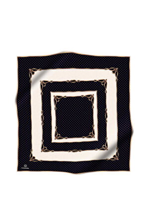 % 57 İPEK % 43 VİSKON Twill İpek Puantiyeli Ve Geometrik Desenli Siyah - Krem Renkli 90x90 Eşarp Dikim Şekli : El Dikişi