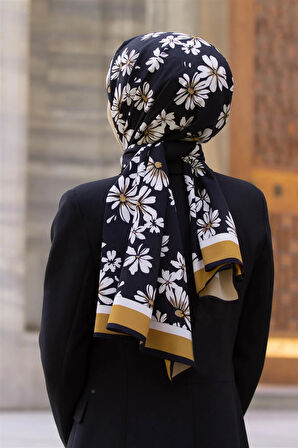 LÜKS MEDİNE İPEĞİ PAPATYA DESENLİ HARDAL RENKLİ 75X195 KIRIŞMAZ ŞAL MOSS KREP DİKİŞ TİPİ İTALYAN DİKİŞLİ