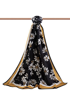 LÜKS MEDİNE İPEĞİ PAPATYA DESENLİ HARDAL RENKLİ 75X195 KIRIŞMAZ ŞAL MOSS KREP DİKİŞ TİPİ İTALYAN DİKİŞLİ