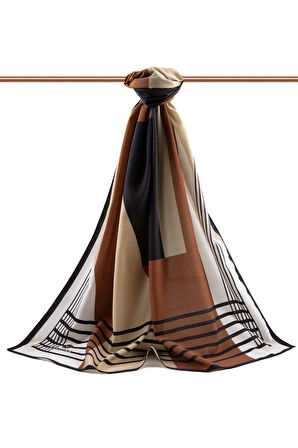 LÜKS MEDİNE İPEĞİ GEOMETRİK DESENLİ BAKIR RENKLİ 75X195 KIRIŞMAZ ŞAL MOSS KREP DİKİŞ TİPİ İTALYAN DİKİŞLİ