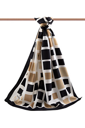 LÜKS MEDİNE İPEĞİ KARE DESENLİ BEJ RENKLİ 75X195 KIRIŞMAZ ŞAL MOSS KREP DİKİŞ TİPİ İTALYAN DİKİŞLİ