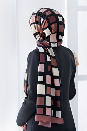 LÜKS MEDİNE İPEĞİ KARE DESENLİ GÜL KURUSU RENKLİ 75X195 KIRIŞMAZ ŞAL MOSS KREP DİKİŞ TİPİ İTALYAN DİKİŞLİ