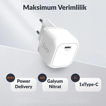 Juo 20W GaN USB-C Şarj Aleti iPhone & iPad & Android Uyumlu PD QC4.0 Type-C Hızlı Şarj Cihazı Beyaz
