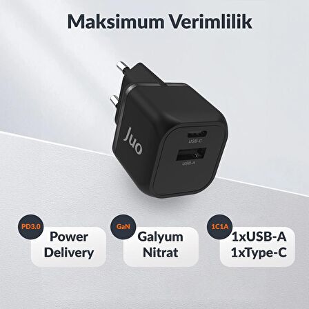 Juo 20W GaN USB-C + USB-A Şarj Aleti iPhone & iPad & Android Uyumlu PD QC4.0 Type-C Hızlı Şarj Cihazı Siyah