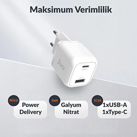 Juo 35W GaN USB-C + USB-A Şarj Aleti iPhone & iPad & Samsung PPS Uyumlu PD QC4.0 Type-C Hızlı Şarj Cihazı Beyaz