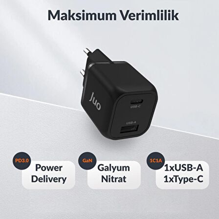 Juo 35W GaN USB-C + USB-A Şarj Aleti iPhone & iPad & Samsung PPS Uyumlu PD QC4.0 Type-C Hızlı Şarj Cihazı Siyah