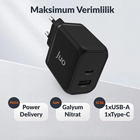 Juo 45W GaN USB-C + USB-A Şarj Aleti iPhone & iPad & Macbook & Samsung Uyumlu PD Type-C Hızlı Şarj Cihazı Siyah