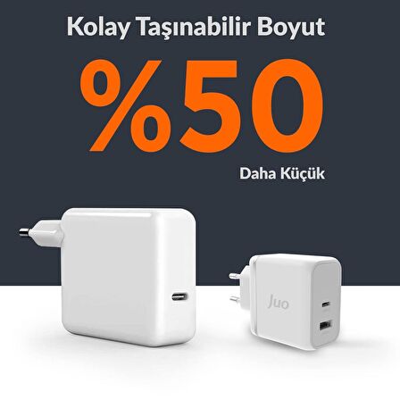 Juo 65W GaN USB-C + USB-A Şarj Aleti iPhone & iPad & Macbook & Notebook Uyumlu PD Type-C Hızlı Şarj Cihazı Beyaz