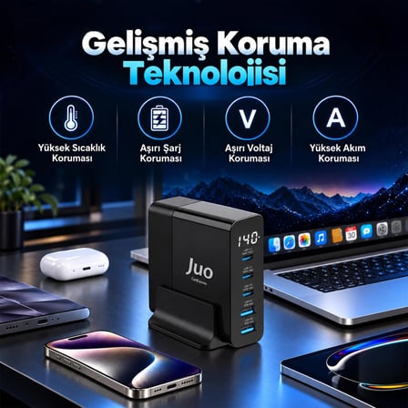 Juo 140W GaN PD 3.1 Masaüstü Hızlı Şarj Cihazı 3 Type-C + 2 USB-A iPhone & MacBook & Laptop Uyumlu Şarj Aleti