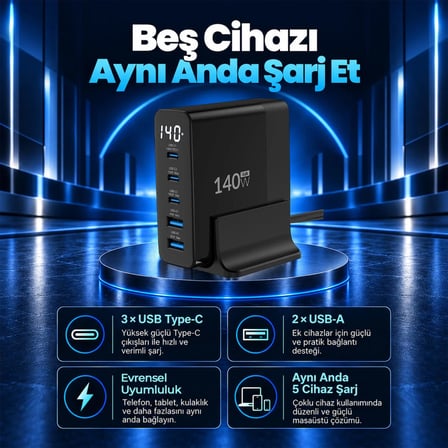 Juo 140W GaN PD 3.1 Masaüstü Hızlı Şarj Cihazı 3 Type-C + 2 USB-A iPhone & MacBook & Laptop Uyumlu Şarj Aleti