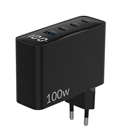 Juo 100W GaN Led Ekranlı 3 Type-C + USB-A Hızlı Şarj Cihazı iPhone & Macbook & Notebook Şarj Aleti