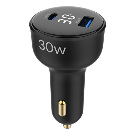 Juo 30W Led Ekranlı Type-C + USB-A Araç Şarj Aleti iPhone & Android & Tablet Araç içi Şarj Cihazı