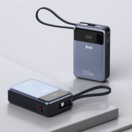 Juo 20000mAh 65W LED Ekranlı USB-A + Type-C Kablolu Taşınabilir Hızlı Şarj Cihazı Powerbank
