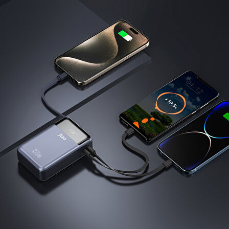 Juo 20000mAh 65W LED Ekranlı USB-A + Type-C Kablolu Taşınabilir Hızlı Şarj Cihazı Powerbank