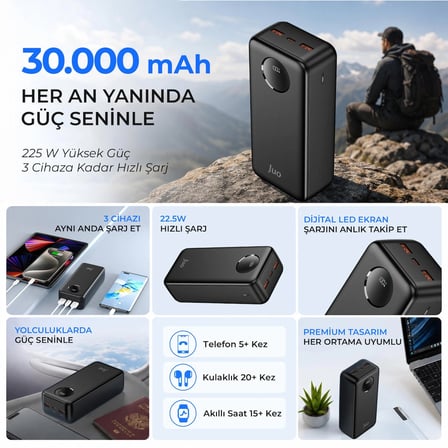 Juo 30000mAh 22.5W Dijital Led Ekranlı Taşınabilir Hızlı Şarj Cihazı Powerbank Siyah