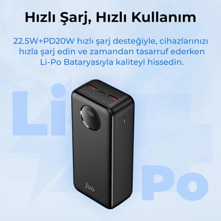 Juo 30000mAh 22.5W Dijital Led Ekranlı Taşınabilir Hızlı Şarj Cihazı Powerbank Siyah