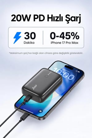 Juo 10000mAh 22.5W USB-A + USB-C Powerbank Taşınabilir Hızlı Şarj Cihazı Siyah