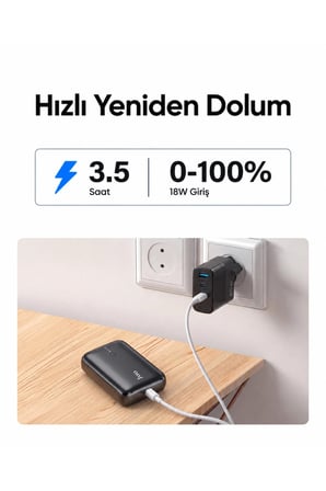 Juo 10000mAh 22.5W USB-A + USB-C Powerbank Taşınabilir Hızlı Şarj Cihazı Siyah